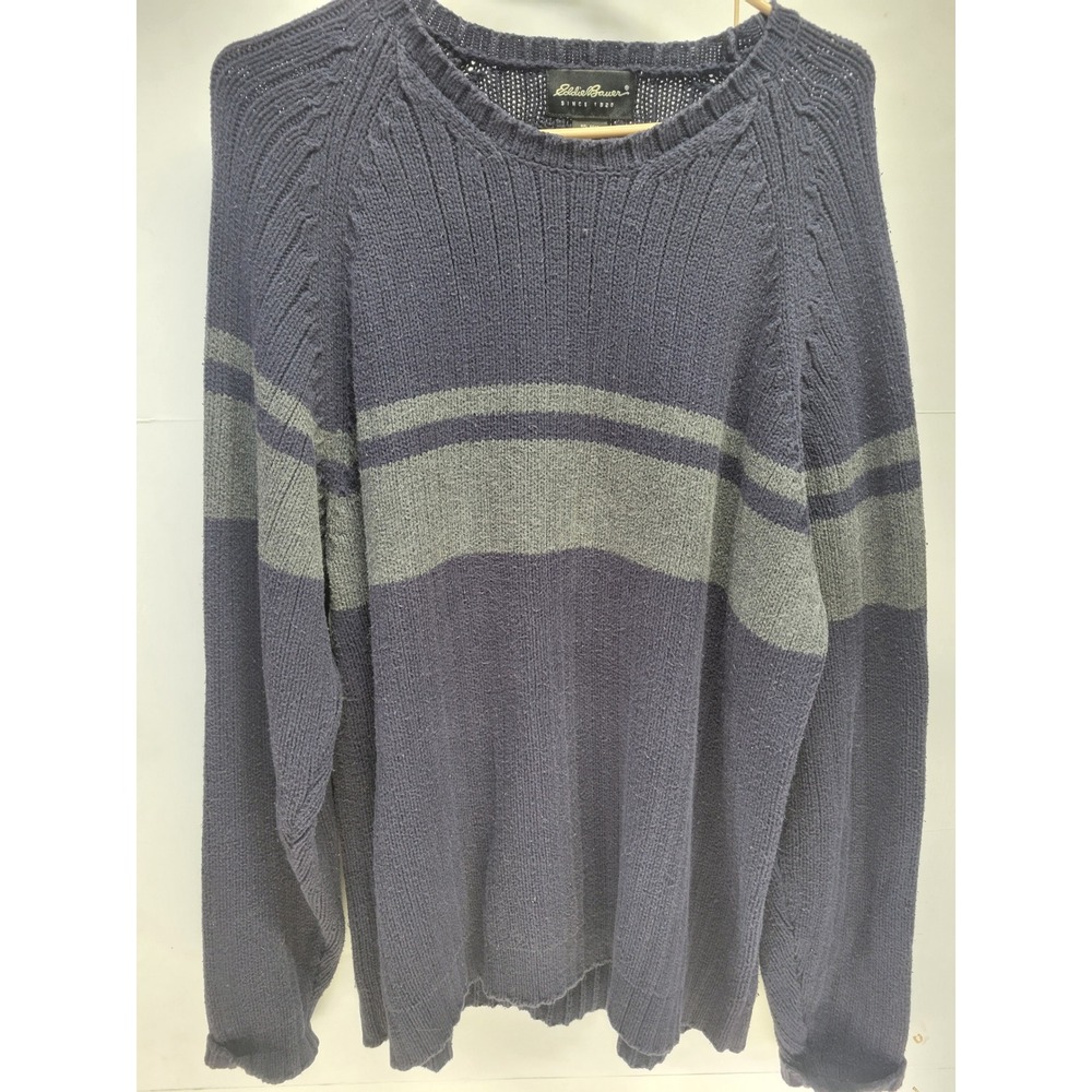 Vtg Eddie Bauer Mens L Navy Gray‎ Striped Raglan Knit Cotton Sweater